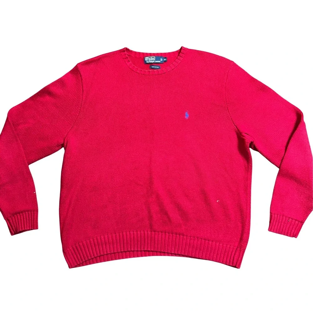Polo Ralph Lauren Red Cotton Crewneck Sweater Mens XL‎ Blue Pony Logo Pullover